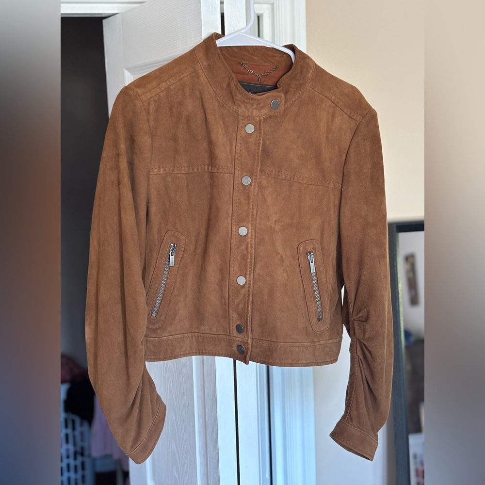 BCBG Genuine Suede Leather Bomber Cropped 3/4 sleeve Ginger Jacket